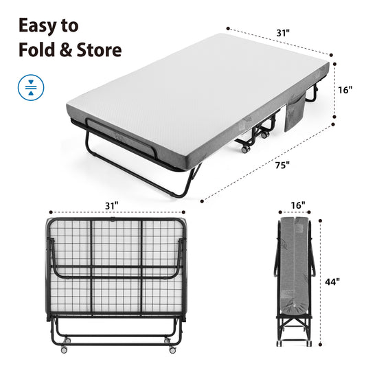 Folding Bed with 5 Inch Mattress, 75” x 31” Extra Wide Rollaway Guest Bed for Adults, Portable Foldable Metal Frame, Space-Saving Storage