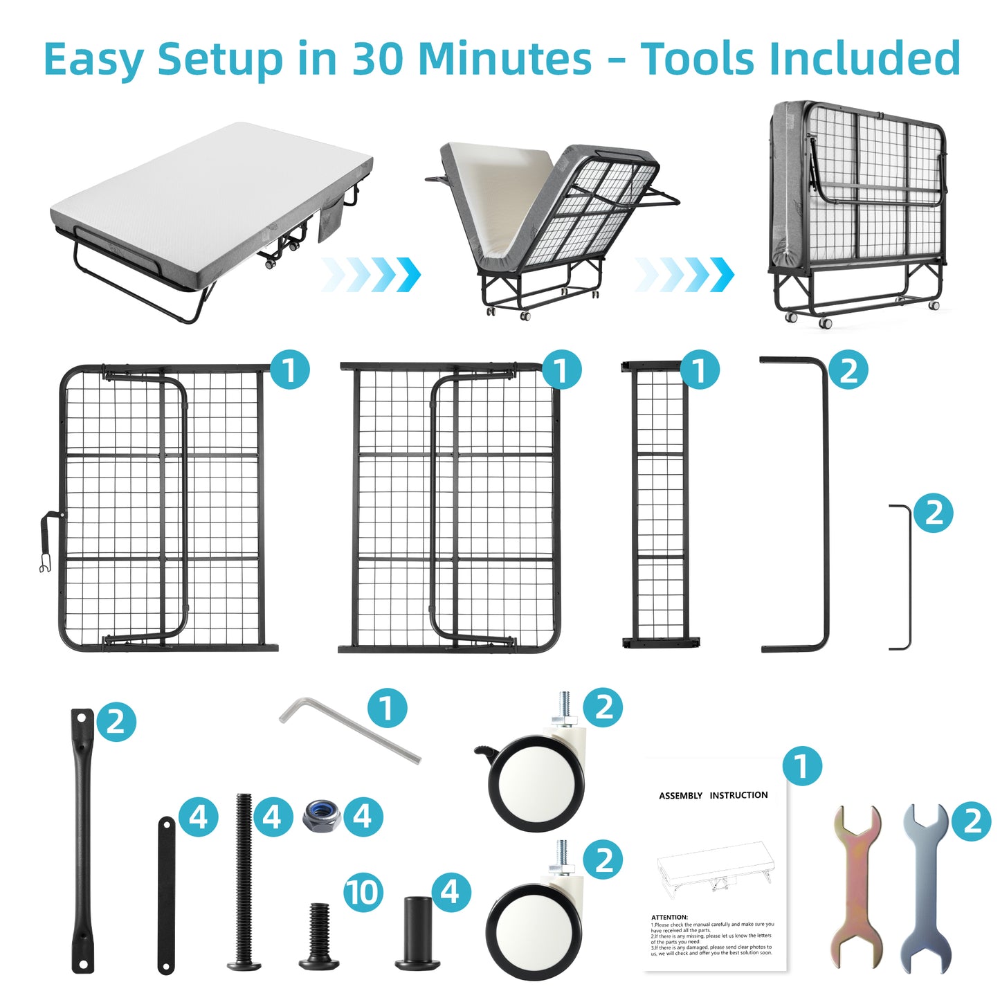 Folding Bed with Mattress for Adult - 75''x38'', Space Saving Fold Up for Easy Storage