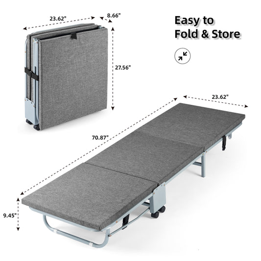 Folding Bed with Mattress for Adult - 71''x24'' Foldable Rollaway Bed for Guest, Space Saving Fold Up for Easy Storage