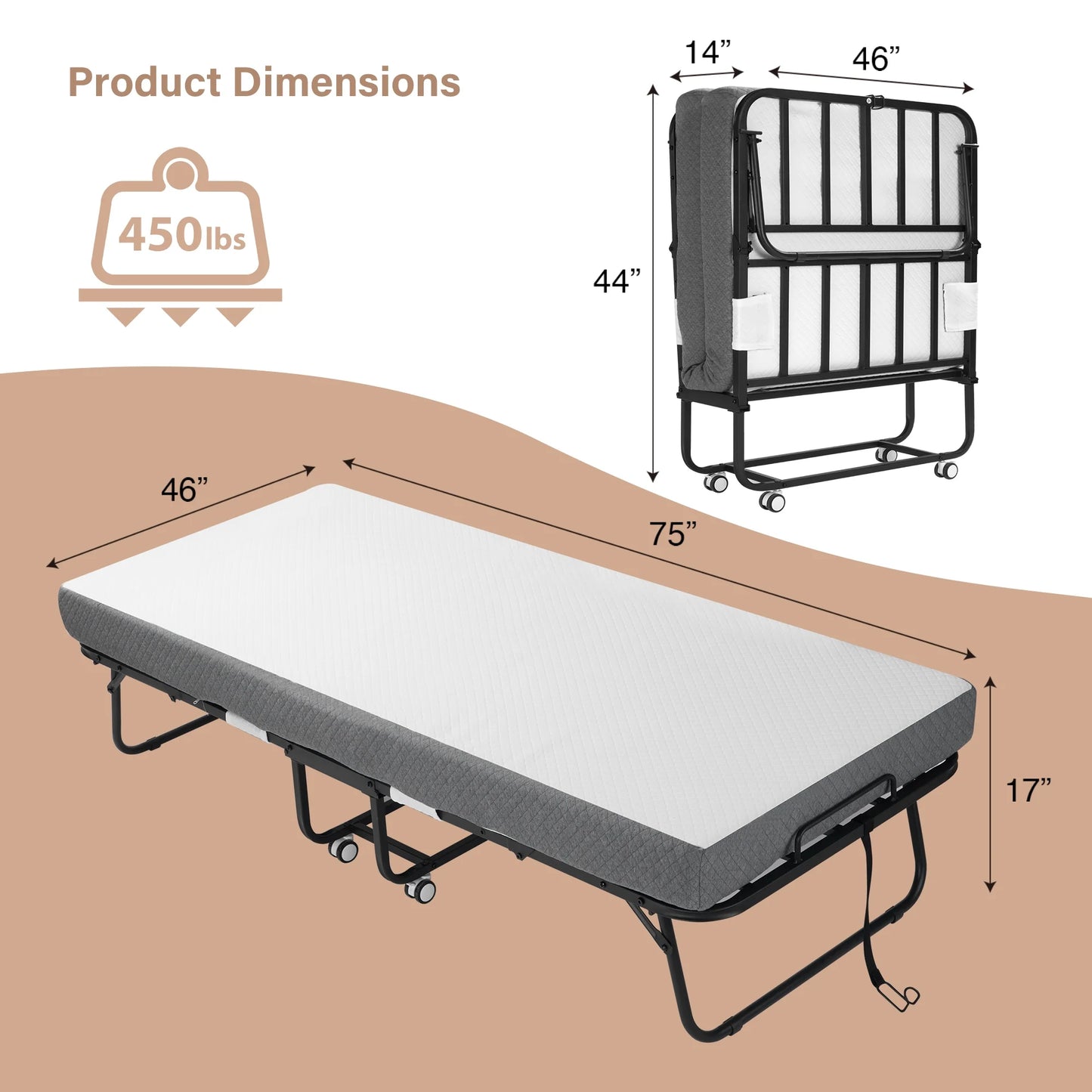 Folding Bed with Mattress for Adults, 75" x 31" Rollaway Guest Bed, Sturdy Metal Frame Twin Bed for Home, School, Hospital Use