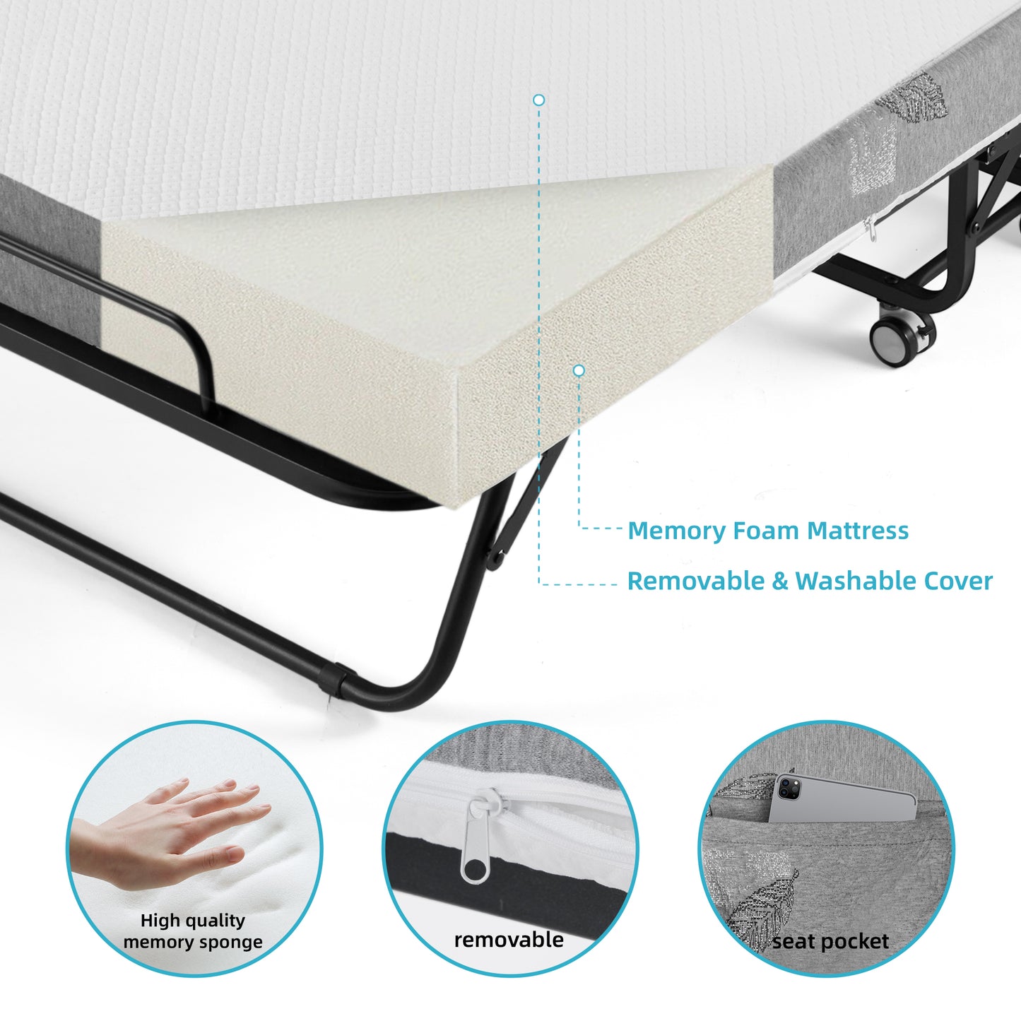 Folding Bed with 5 Inch Mattress, 75” x 31” Extra Wide Rollaway Guest Bed for Adults, Portable Foldable Metal Frame, Space-Saving Storage