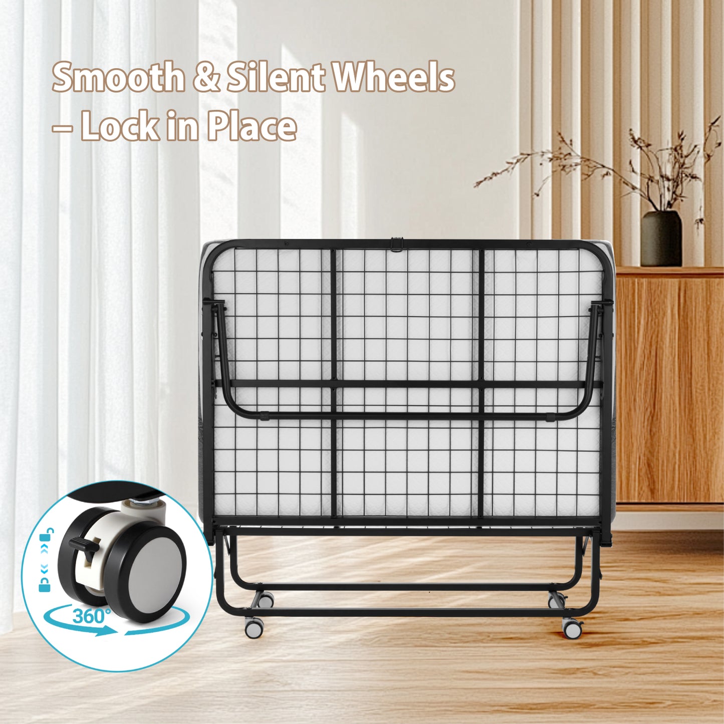 Folding Bed with 5 Inch Mattress, 75” x 45” Extra Wide Rollaway Guest Bed for Adults, Portable Foldable Metal Frame, Space-Saving Storage