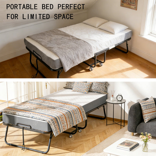 Folding Bed with Mattress for Adults, 75" x 31" Rollaway Guest Bed, Sturdy Metal Frame Twin Bed for Home, School, Hospital Use