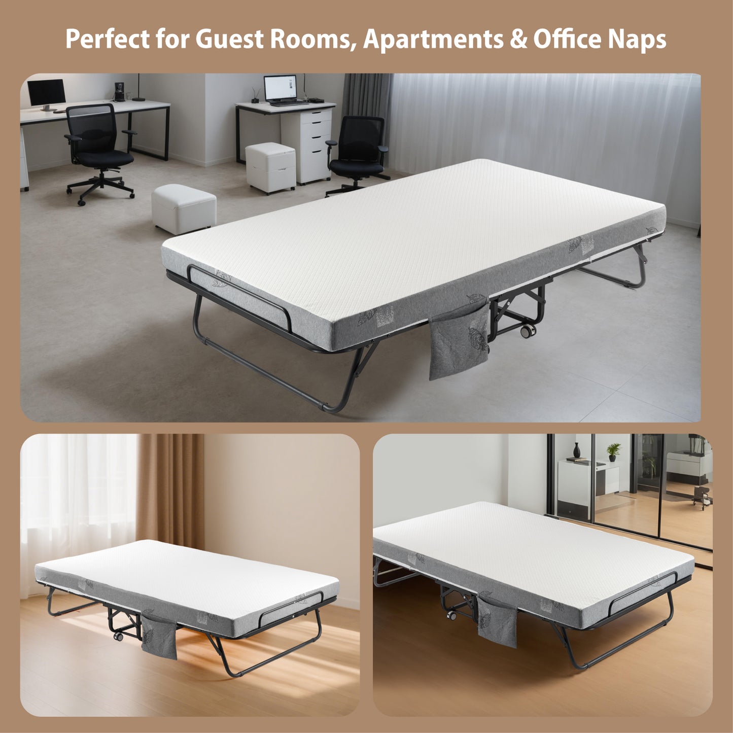 Folding Bed with 5 Inch Mattress, 75” x 45” Extra Wide Rollaway Guest Bed for Adults, Portable Foldable Metal Frame, Space-Saving Storage