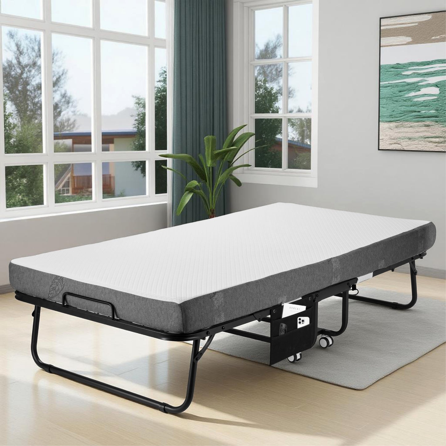 Folding Bed with 5 Inch Mattress, 75” x 38”/31" Portable Rollaway Bed with Memory Mattress and Metal Frame for Adults,Guest, Twin Size,Cot Size