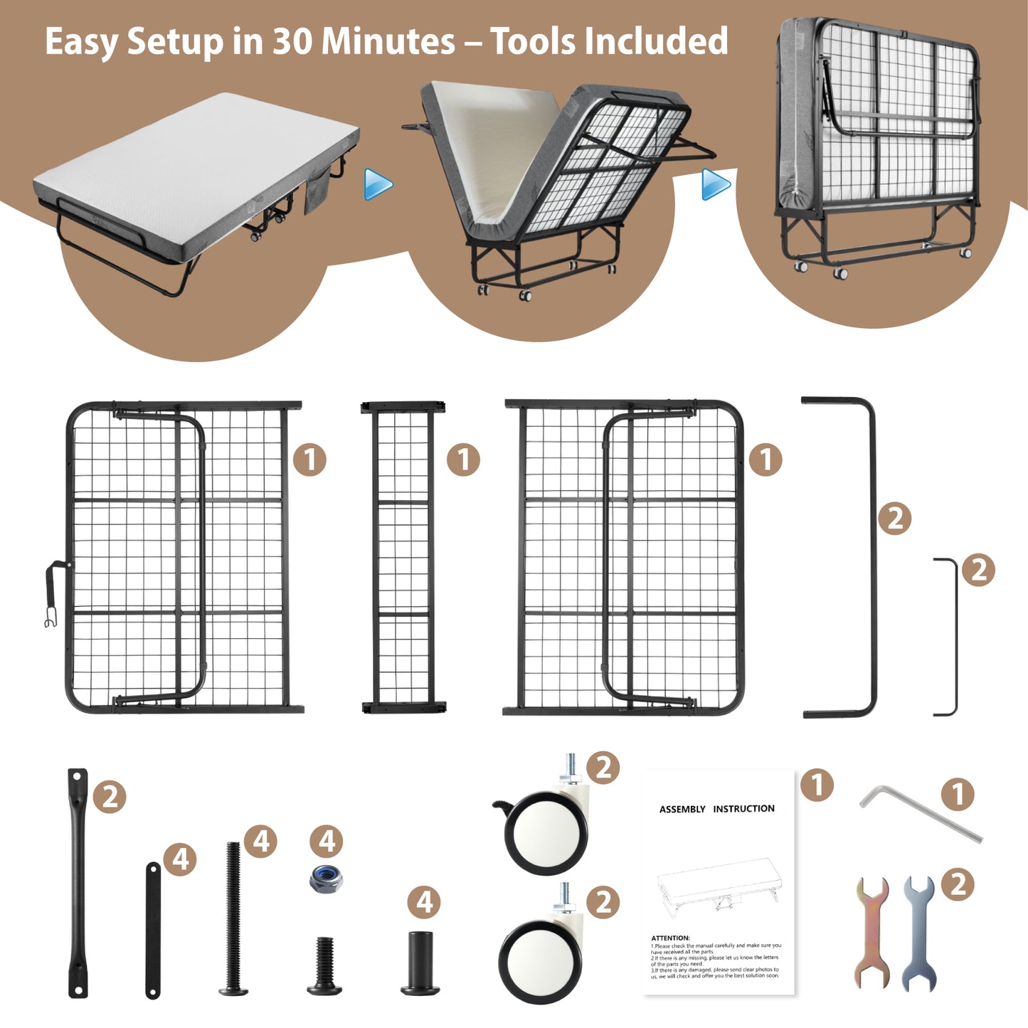 Folding Bed with 5 Inch Mattress, 75” x 45” Extra Wide Rollaway Guest Bed for Adults, Portable Foldable Metal Frame, Space-Saving Storage