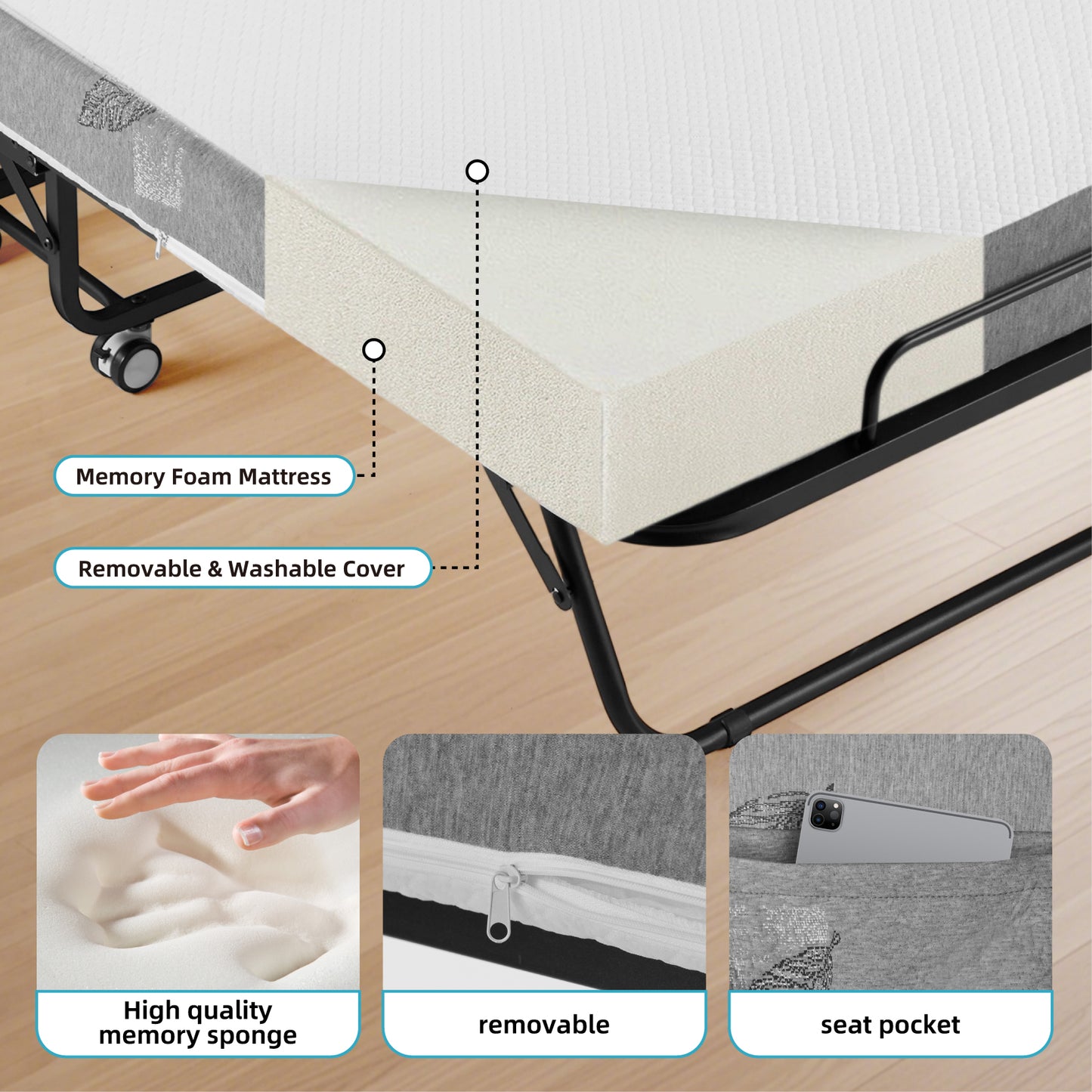 Folding Bed with 5 Inch Mattress, 75” x 45” Extra Wide Rollaway Guest Bed for Adults, Portable Foldable Metal Frame, Space-Saving Storage