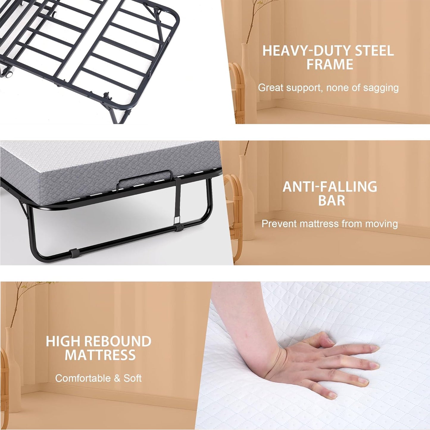 Folding Bed with Mattress for Adults, 75" x 31" Rollaway Guest Bed, Sturdy Metal Frame Twin Bed for Home, School, Hospital Use