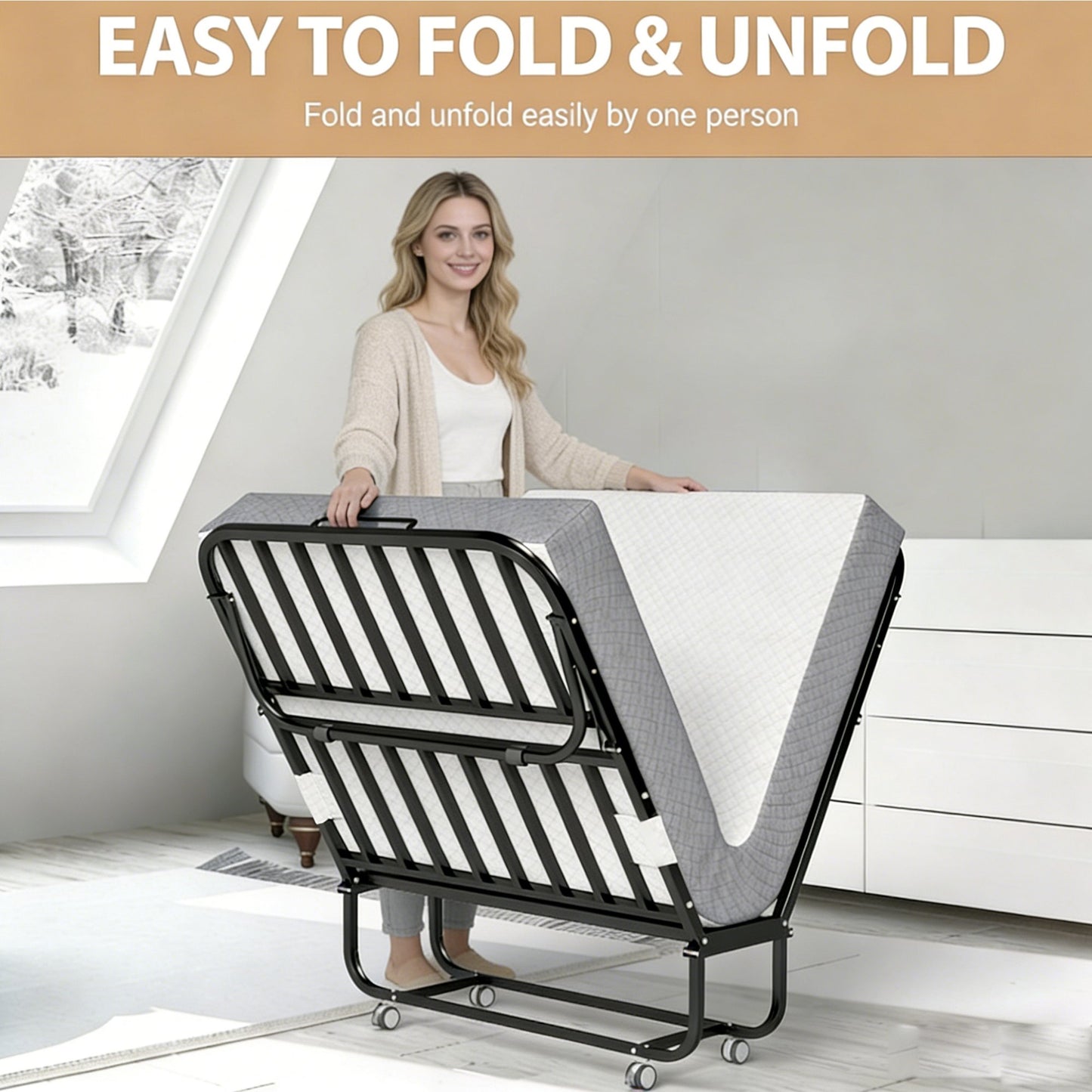 Folding Bed with Mattress for Adults, 75" x 31" Rollaway Guest Bed, Sturdy Metal Frame Twin Bed for Home, School, Hospital Use