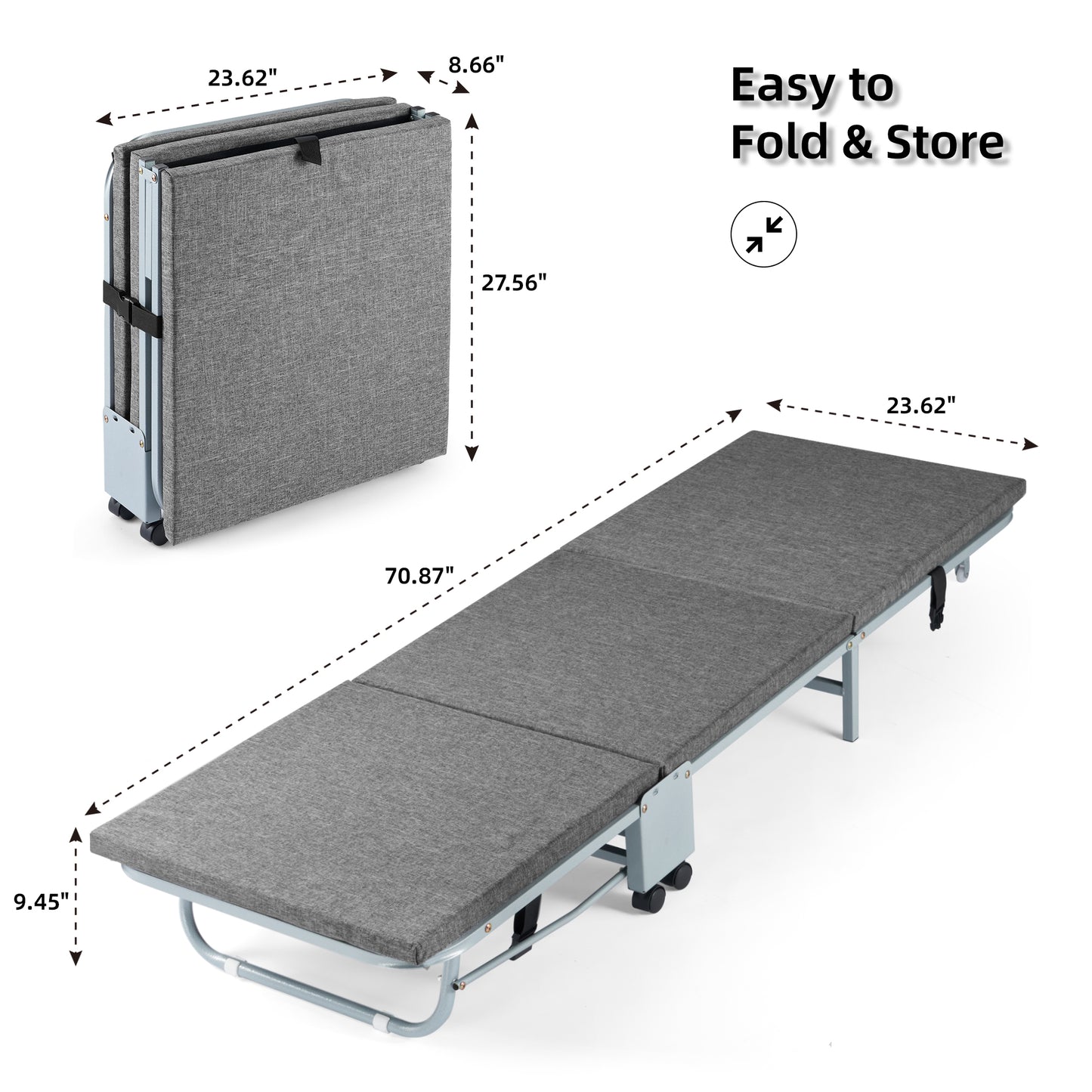 Folding Bed with Mattress for Adult - 71''x24'' Foldable Rollaway Bed for Guest, Space Saving Fold Up for Easy Storage