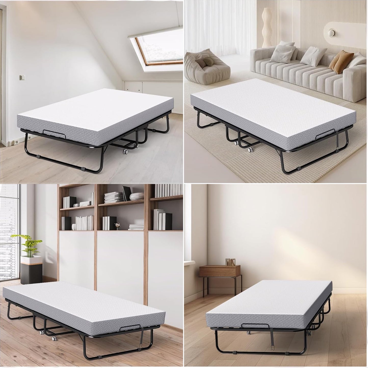 Folding Bed with Mattress for Adults, 75" x 31" Rollaway Guest Bed, Sturdy Metal Frame Twin Bed for Home, School, Hospital Use