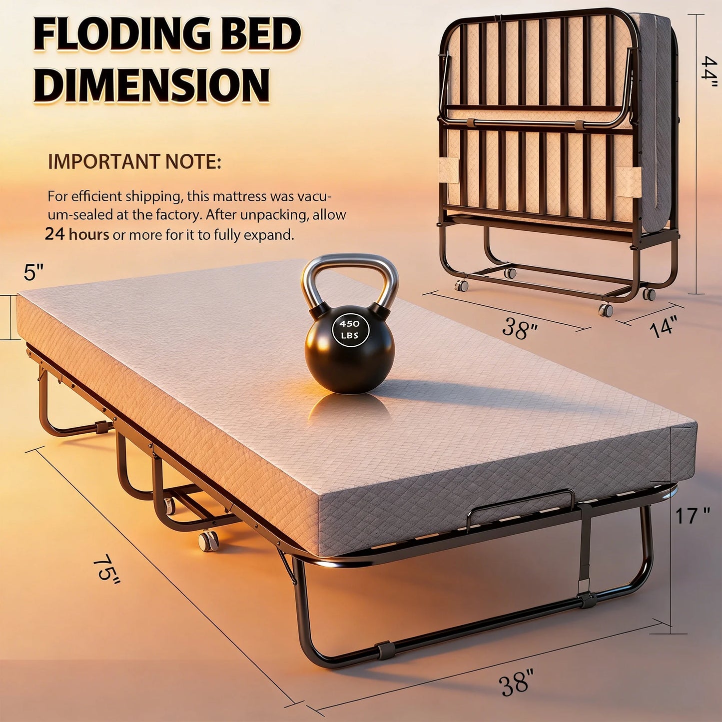 Folding Bed with Mattress for Adults, 75" x 31" Rollaway Guest Bed, Sturdy Metal Frame Twin Bed for Home, School, Hospital Use
