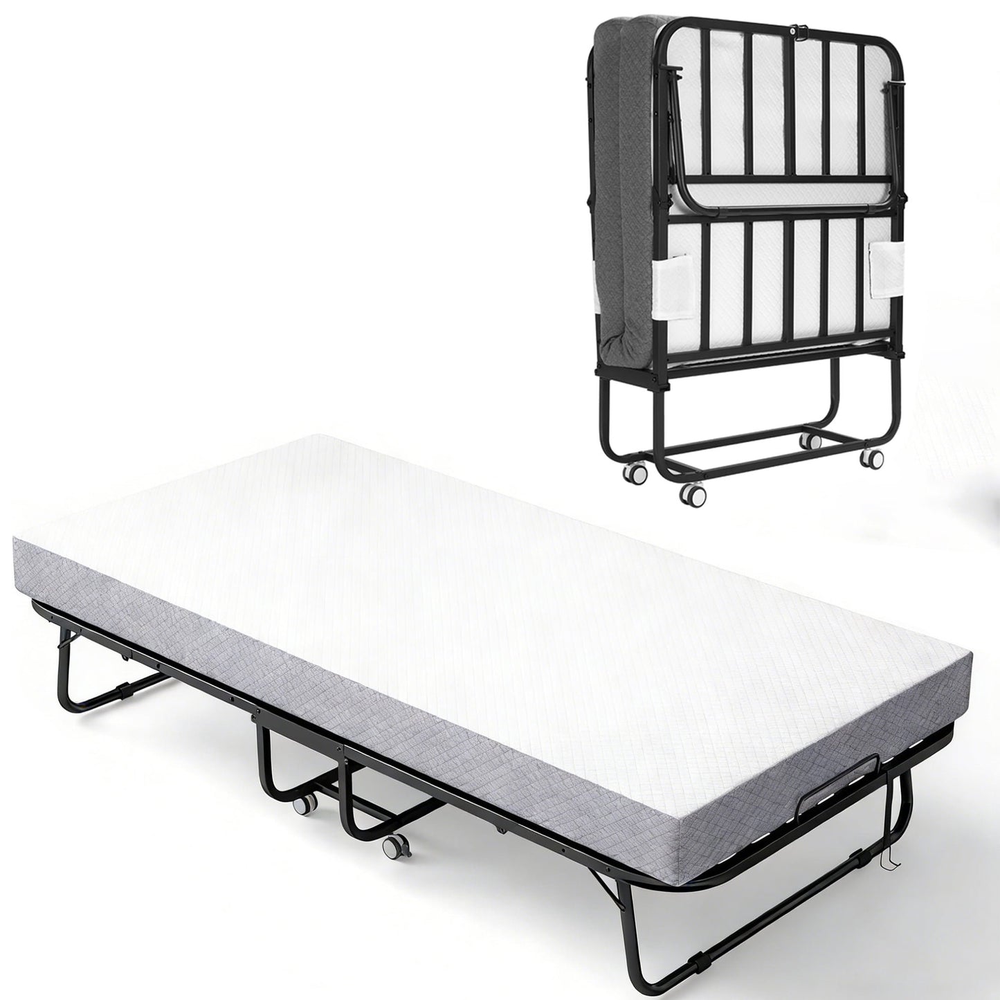 Folding Bed with Mattress for Adults, 75" x 31" Rollaway Guest Bed, Sturdy Metal Frame Twin Bed for Home, School, Hospital Use