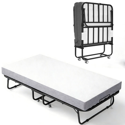 Folding Bed with Mattress for Adults, 75" x 31" Rollaway Guest Bed, Sturdy Metal Frame Twin Bed for Home, School, Hospital Use