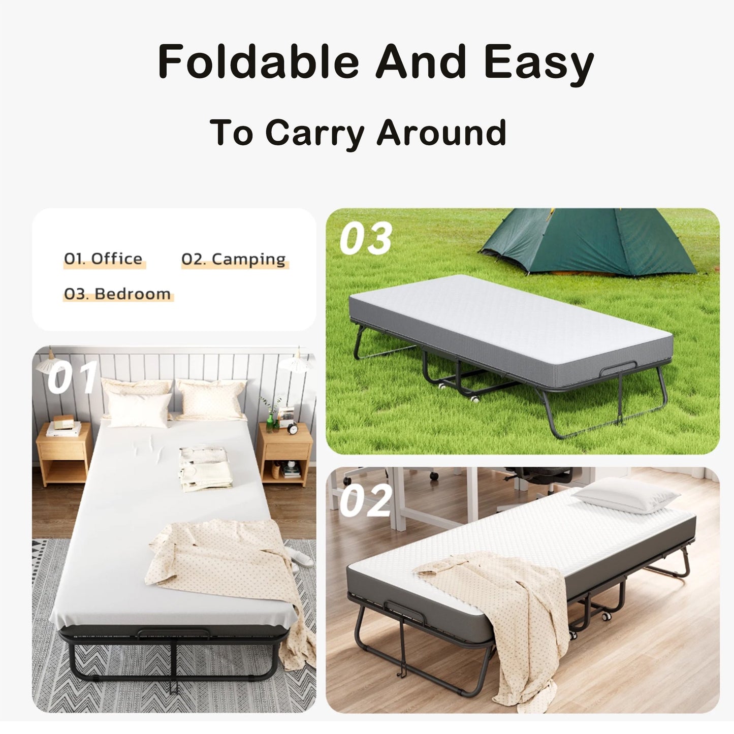 Folding Bed with Mattress for Adults, 75" x 31" Rollaway Guest Bed, Sturdy Metal Frame Twin Bed for Home, School, Hospital Use