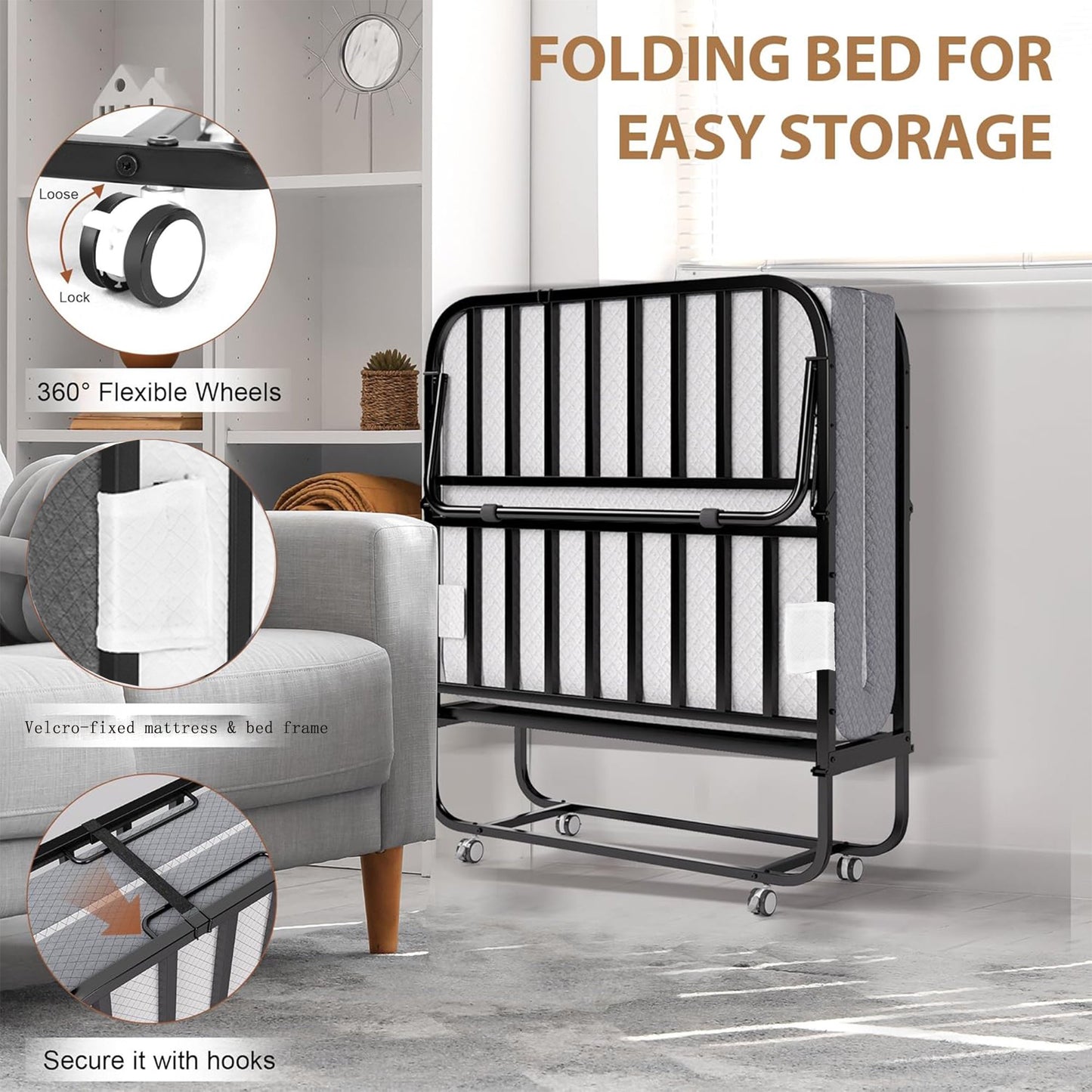 Folding Bed with Mattress for Adults, 75" x 31" Rollaway Guest Bed, Sturdy Metal Frame Twin Bed for Home, School, Hospital Use
